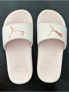 Puma Light Pink Slides with Rose Gold Logo